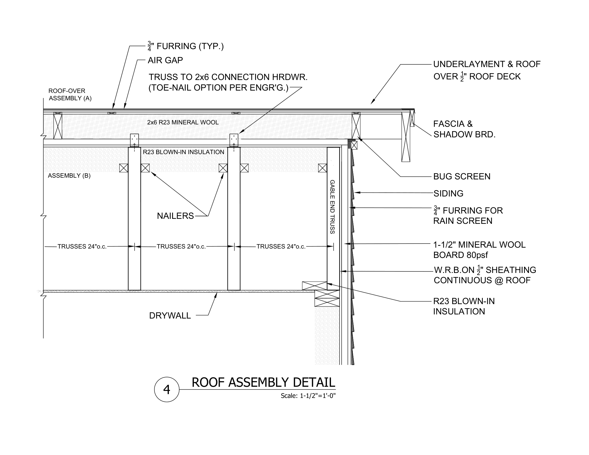 Detail 4, roof assembly at the trusses: the same roof-over above trusses at 24 inches on center with R23 blown-in insulation, nailers, the gable end truss, and the mineral wool board, rain screen and siding on the wall.